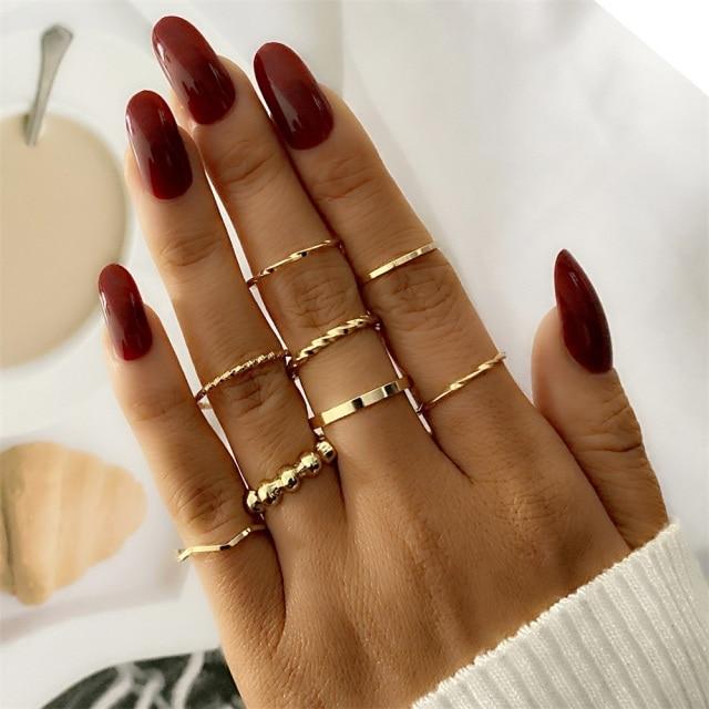 Sada prstenů s českým zlatým řetízkem pro ženy Fashion Boho Coin Snake Moon Rings Dárkové šperky Party Trend