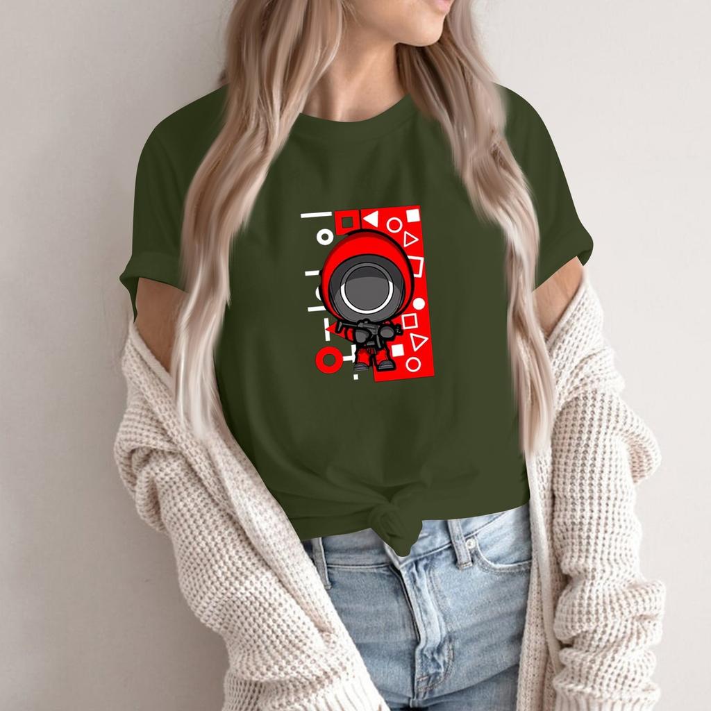 Damen Rundhals Bedrucktes Kurzarm T-Shirt Top