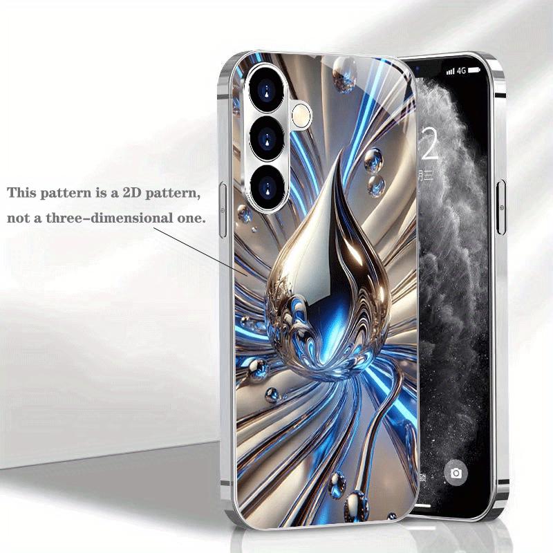 Blue Silver Fluid Water Drop Pattern Glass Phone Case Suitable for Samsung Galaxy S26 S25 S24 S22 S21 S20FE/Ultra/Plus Anti Drop