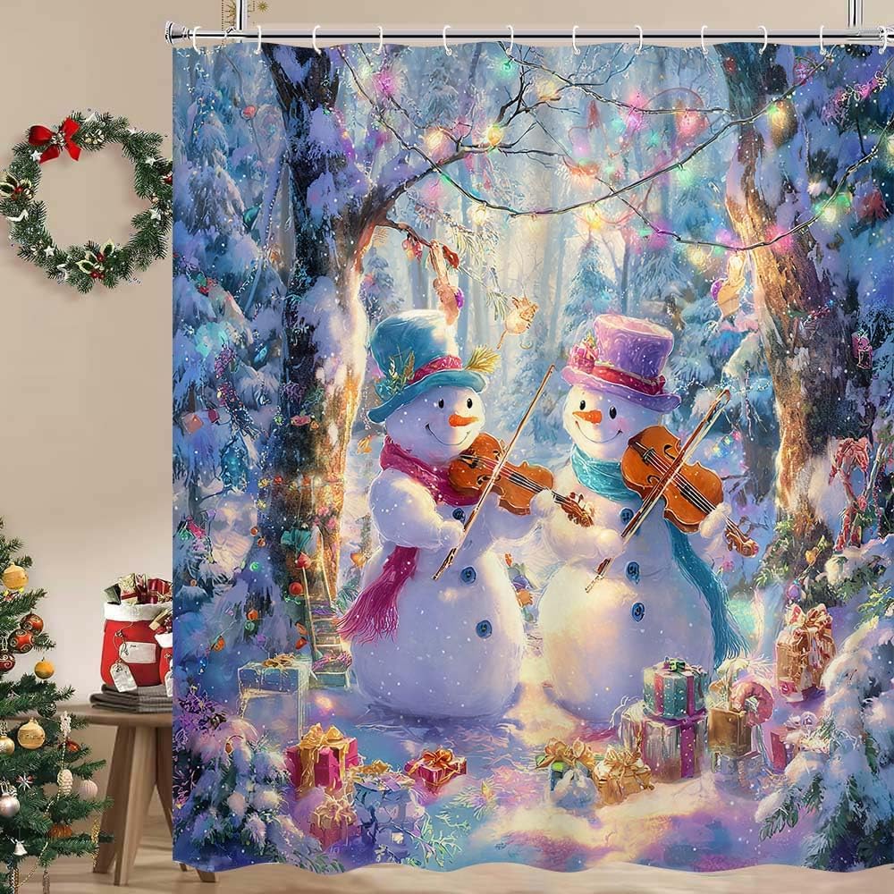 Winter Christmas Shower Curtain,Cute Deer Snow Forest Pine Tree Scene Polyester Bathroom Accessories,Xmas Snowflake Holiday Gray