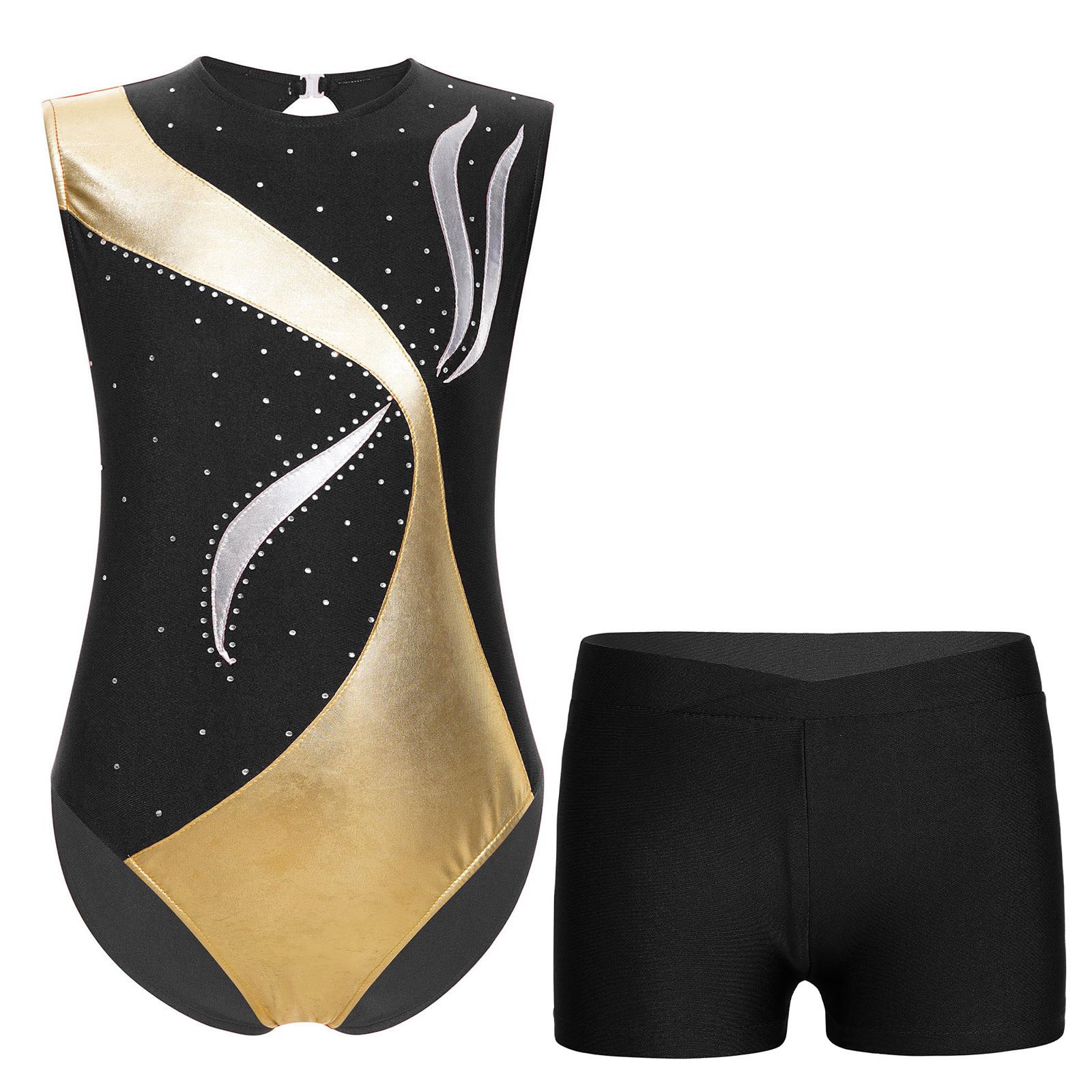 

Дитячий гімнастичний купальник металізований печворк стрази виріз на спині без рукавів боді з V-подібним вирізом шорти 5-6 Years