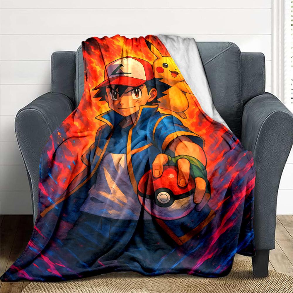 1pc Pokemon Flannel Throw Blanket HD Printed Lightweight Soft Warm All Season Blanket for Sofa, Bed, Travel, Camping Machine Washable
