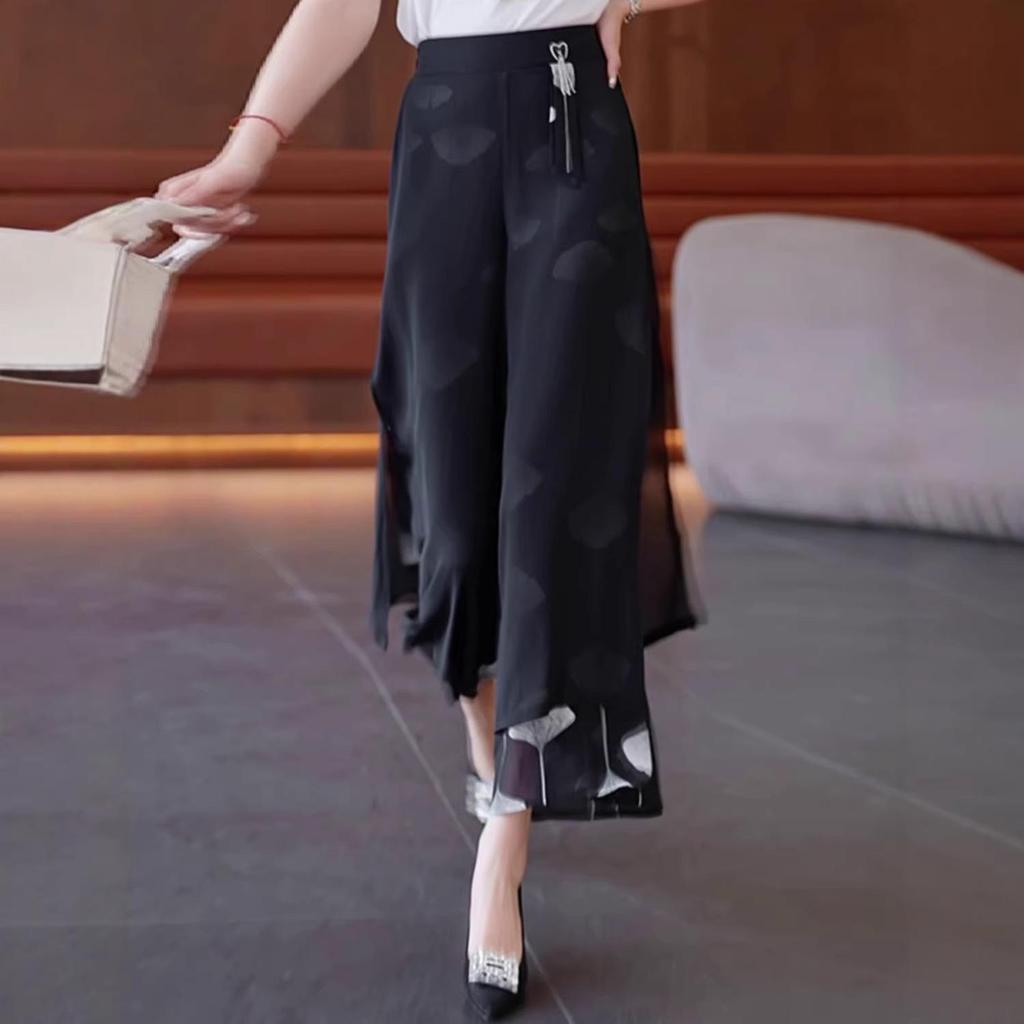 Women's Summer Chiffon Wide-Leg Culottes: High-Waisted, Split, Loose, Slimming, Nine-Tenths Length.