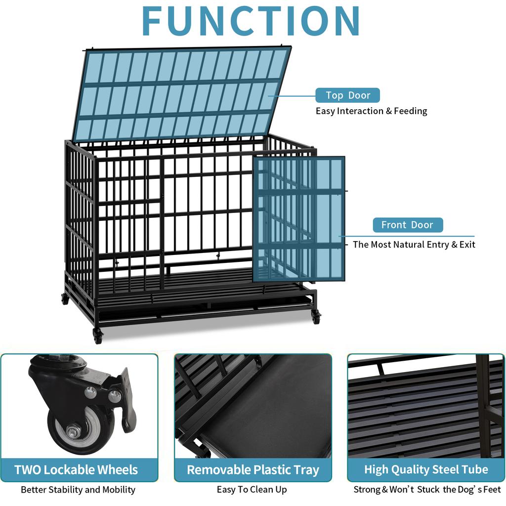 48 Inch Heavy Duty Indestructible Dog Crate with Wheels, Folding Metal Big Dog Cage for Large and Medium Dogs, Cage with Removable Wire Trays