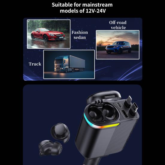 Car Charger with Free Adjustment Bluetooth-compatible 5.0 Headphones PD3.0 Fast Charging 4-Port USB Type-C Charger