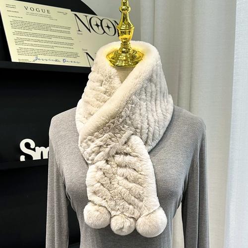 Korean Real Rex Rabbit Fur Whole Leather Woven Scarf Double-sided Thickened Warm Scarf Cute Ball Fur Collar Children
