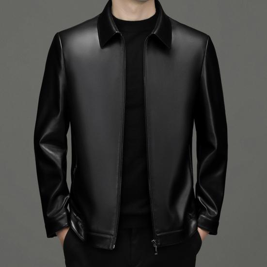 Men Jacket Lapel Long Sleeve Zipper Placket Regular Fit Coat Solid Color Short Style Faux Leather Jacket Casual Street Outwear