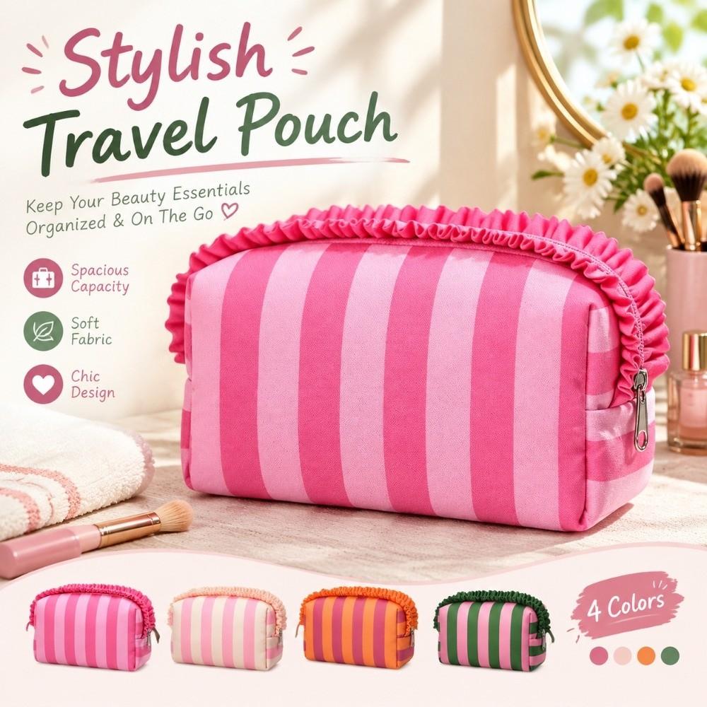 Large Capacity Cosmetic Bag Ruffle Travel Pouch Multipurpose Storage Bag Daily Use