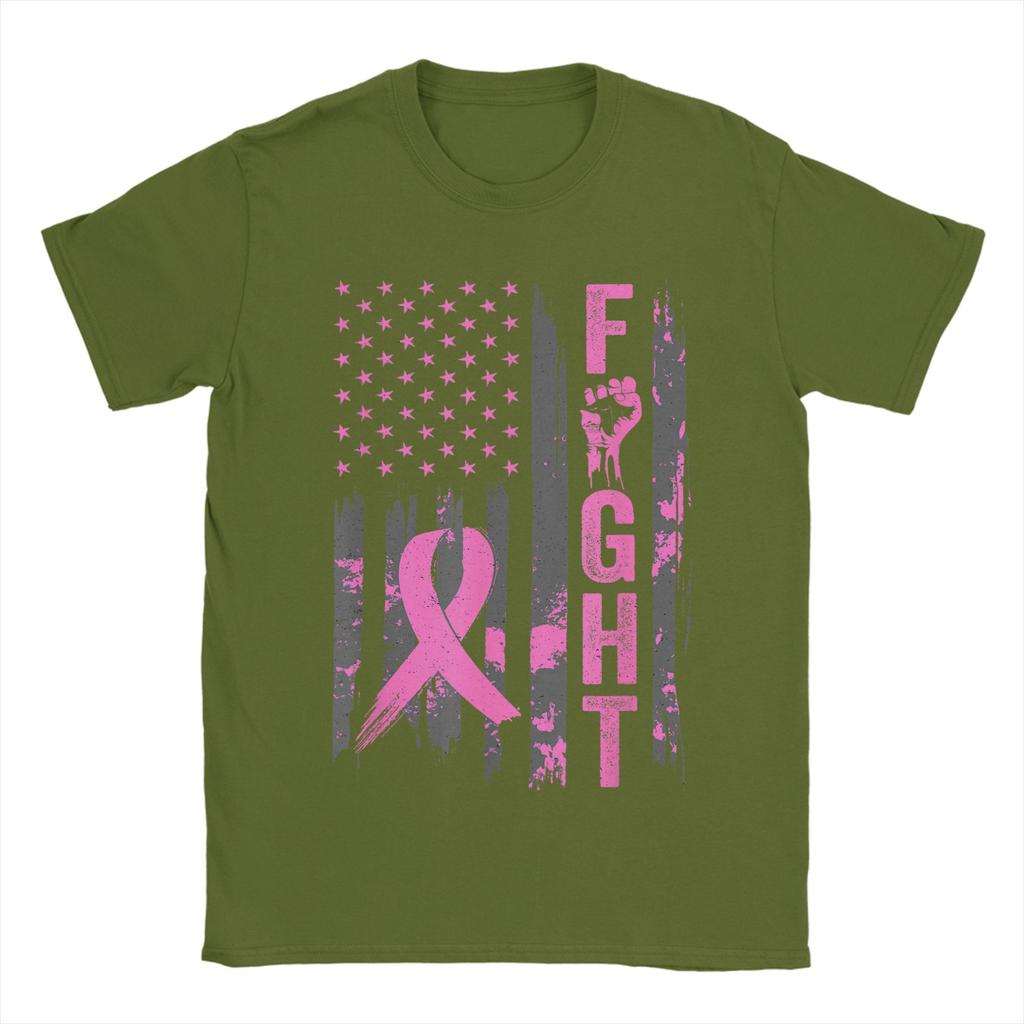 Fight USA Flag Breast Cancer Awareness Patriotic Pink Ribbon Men T Shirts Vintage Tees Short Sleeve Round Neck T-Shirt Clothes