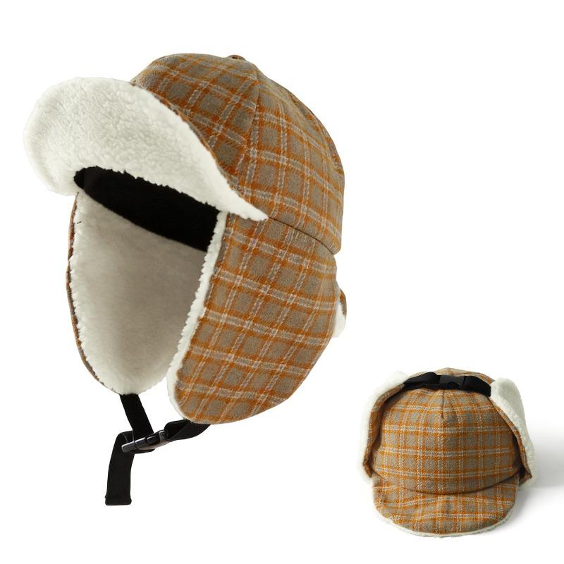Women Retro Lamb Fleece Plush Earflap Hat Large Head Size Warm Riding Cap