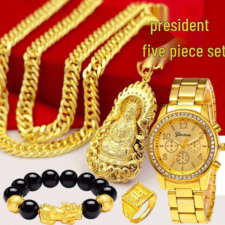 Unique Vietnam-Inspired Gold Necklace & Non-Fading Gold Watch Set for Men