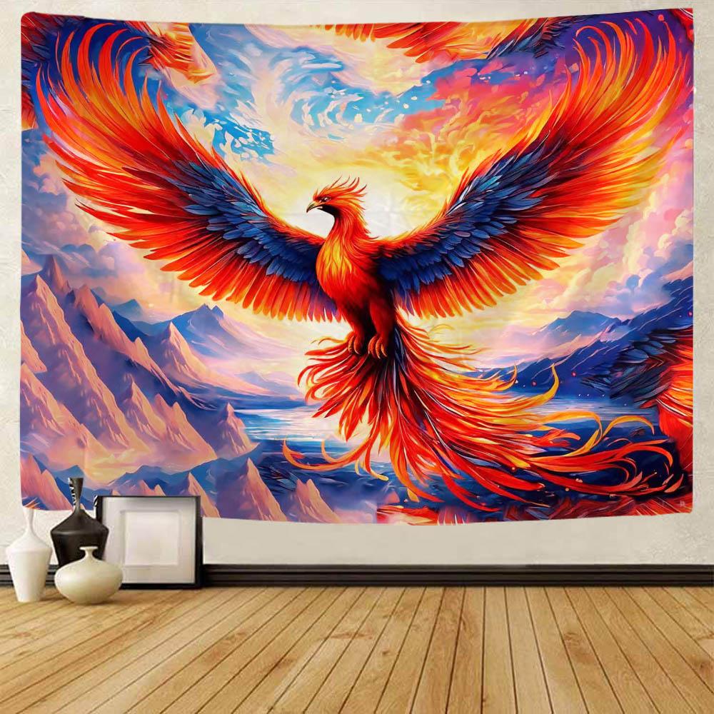 Flammender Vogel Anime Wandteppich Traumhafter Phönix Wandbehang Hippie Wandkunst Dekoration Sofabezug, Yogamatte, Heimdekoration
