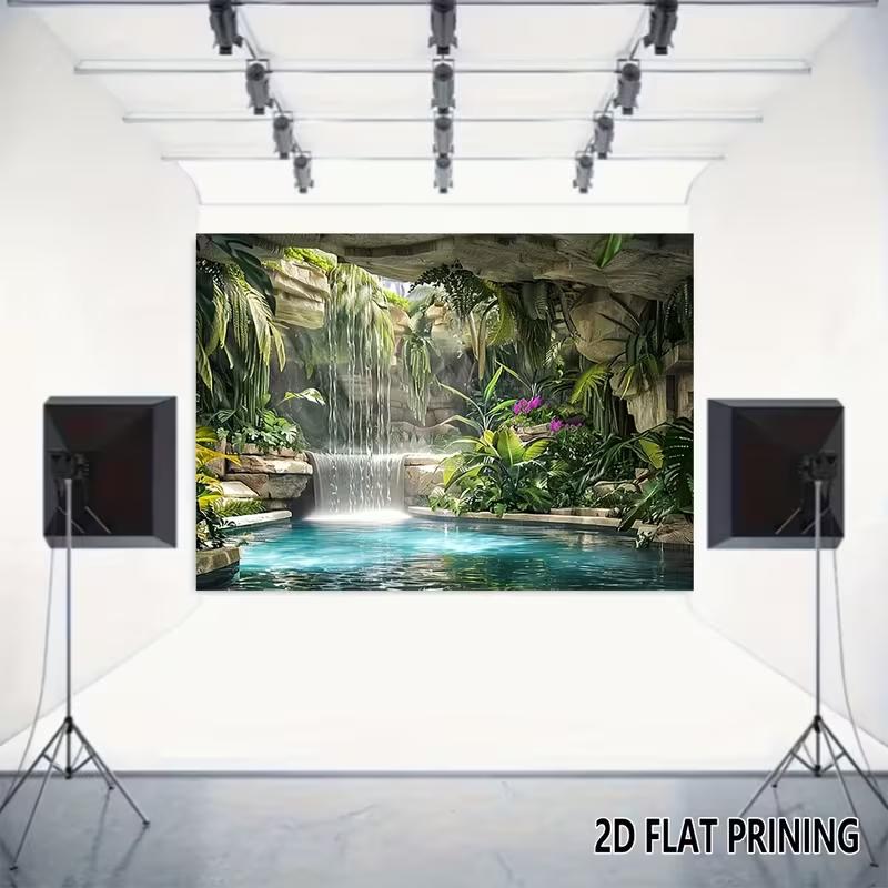 

2D Tropical Stone Cave with Waterfall and Turquoise Water Studio Background 47.2x31.5inch/120*80cm