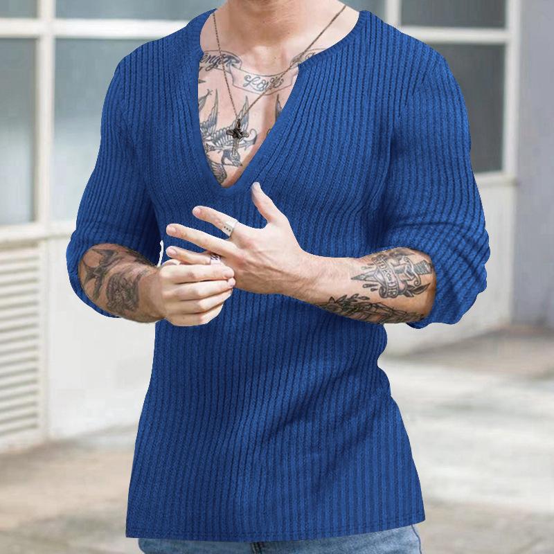Amazon Cross-border 2023 European and American Men's Casual Autumn and Winter Deep V-neck Slim-fitting Long-sleeved Solid-color Knitted Bottoming