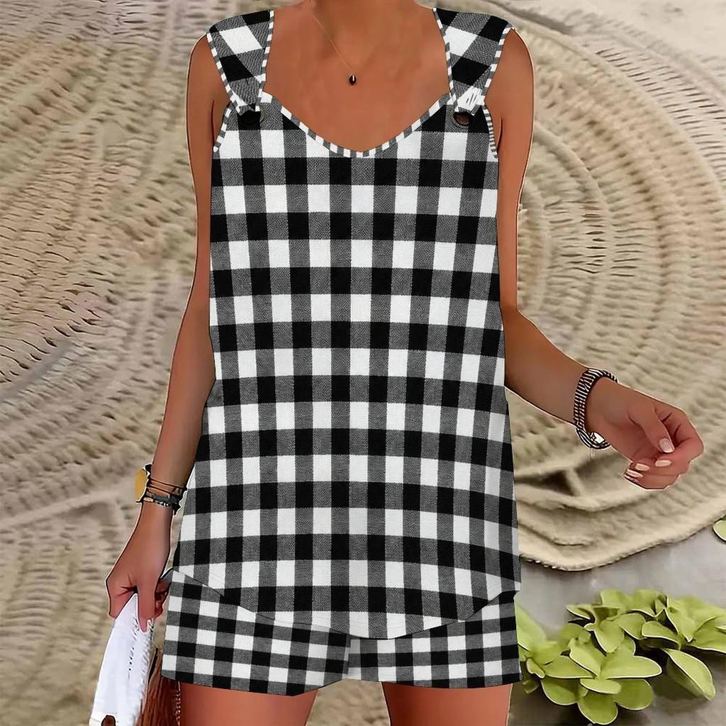 Damen Plus Size Zweiteiler Ärmellos V-Ausschnitt Schwarz Weiß Kariert Gedruckt Ring-Träger Gebogener Saum Tanktop und Shorts Mit Taschen