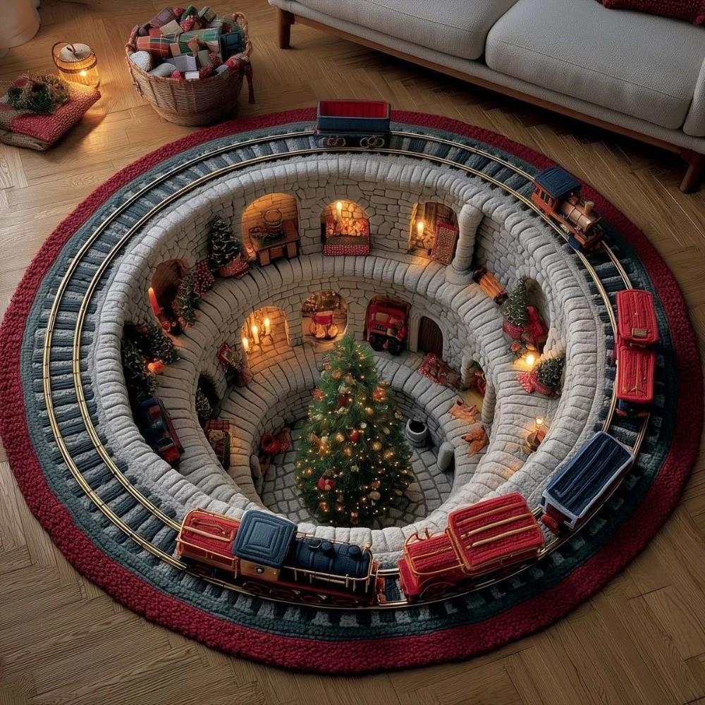 2D Flat Printed Christmas Rug Santa Claus Xmas Home Decor Round Vortex Carpet Christmas