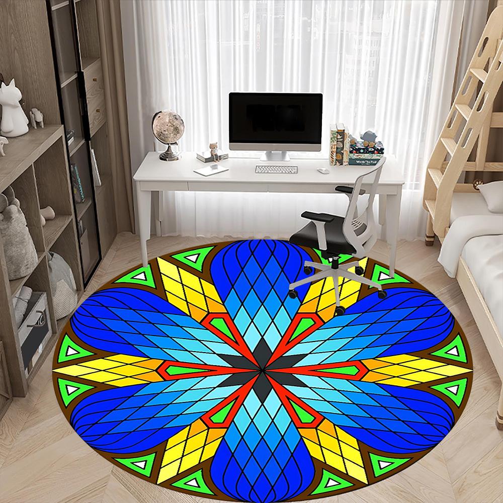 1pc Mandala Stained Glass Office Round Rug, Non-slip, Soft and Durable Office Rug for Interior Decoration, Perfect for Office, Beautiful Decoration yy