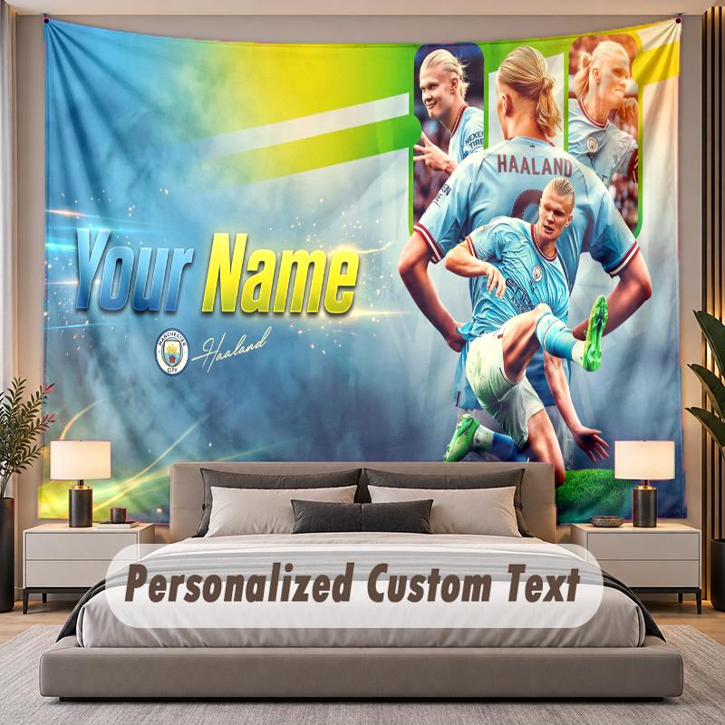 Custom Name Text Tapestry Erling Haaland Personalized Polyester Wall Tapestry For Bedroom And Room