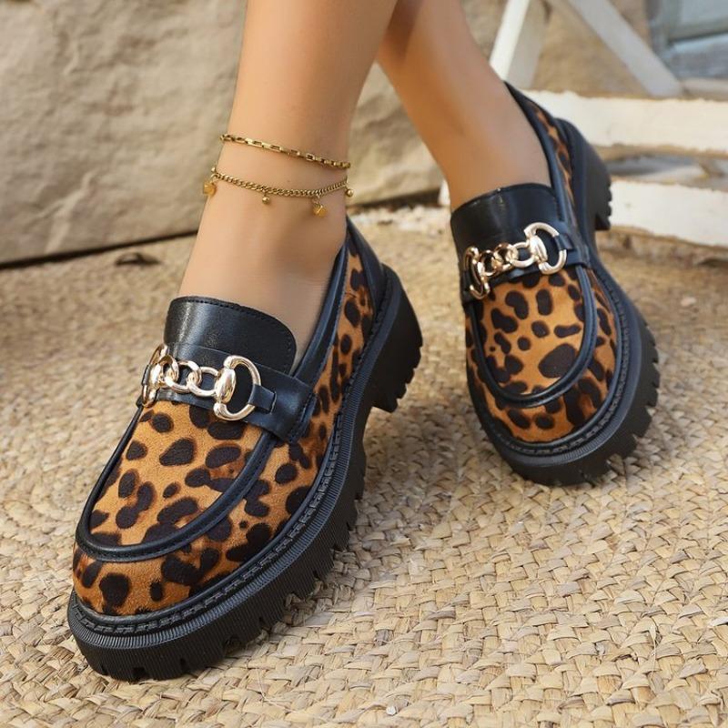 Women's Fashion Leopard Patchwork Slip-on Loafers Chunky Heel Platform Flats 2025 New Moccasins Casual Shoes Plus Size Zapatos