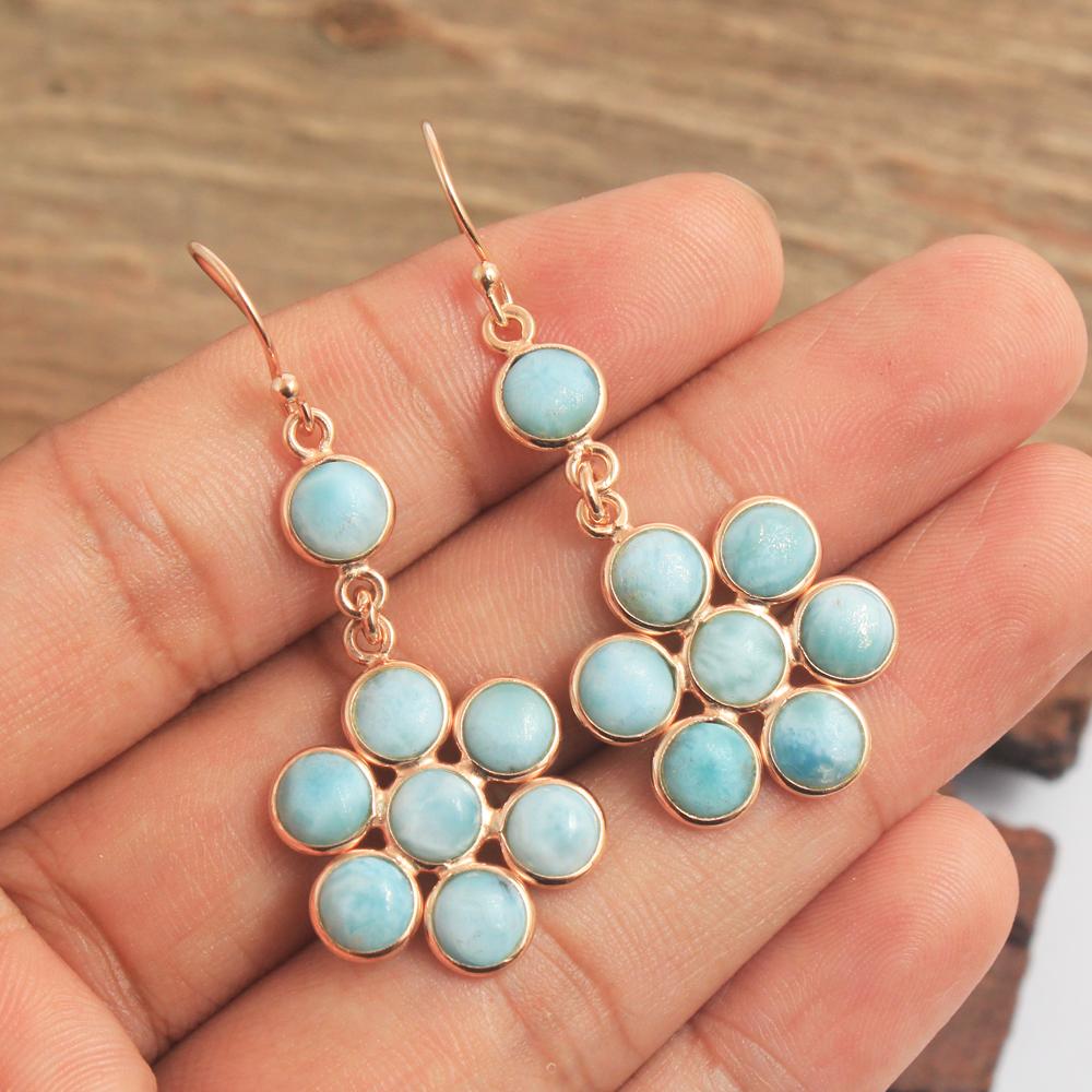 Larimar Handmade Dangle Earring 925 Sterling Silver Rose & Yellow Gold Plated Jewelry