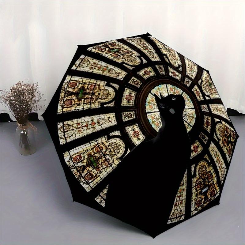 1pc Stained Glass Cat Automatic Open/Close Umbrella with Windproof, Functional Design, 8-Rib Sturdy Canopy