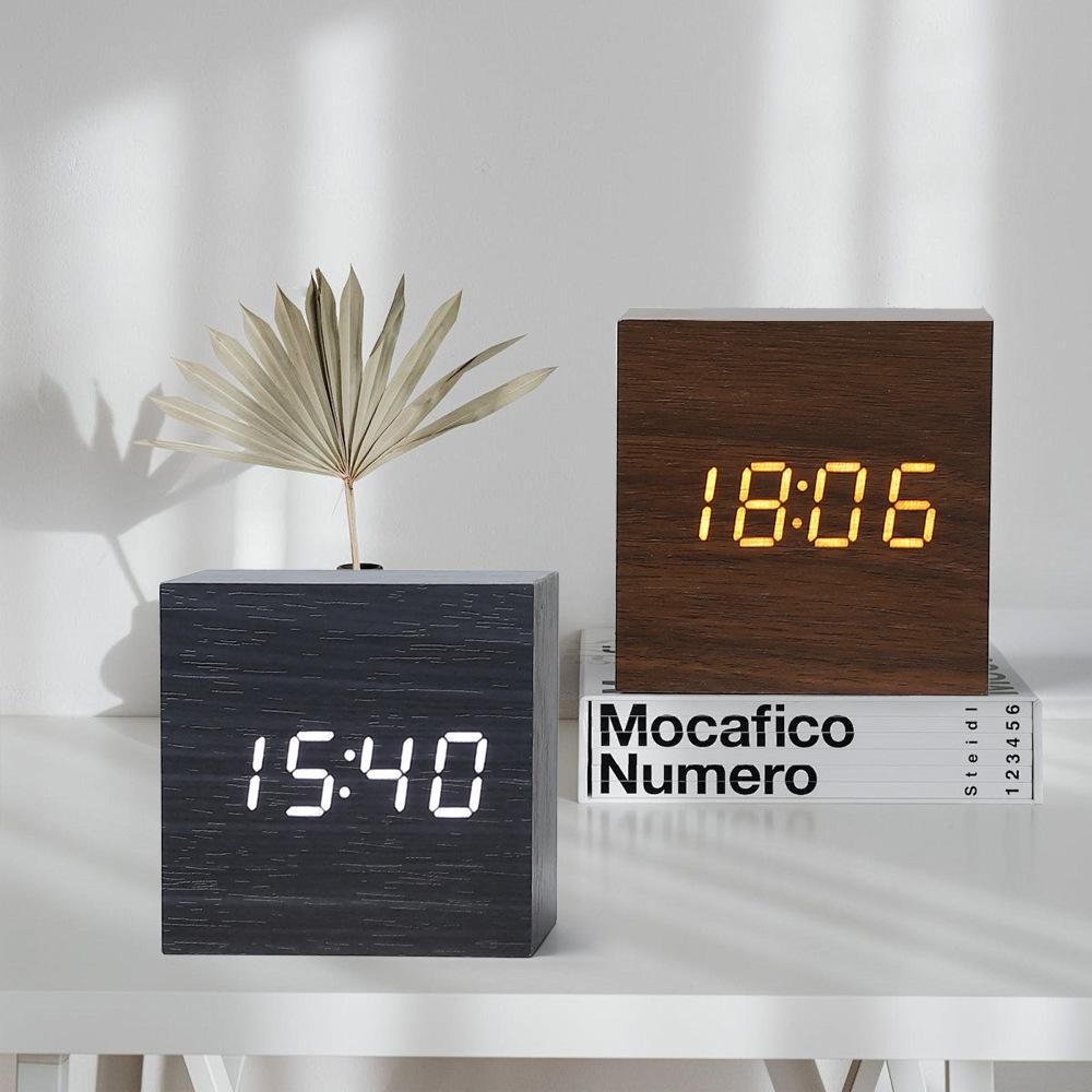 Wood Clock Creative Electronic Clock Square Digital Clock Mini Small Alarm Clock Thermometer Bedside Clock