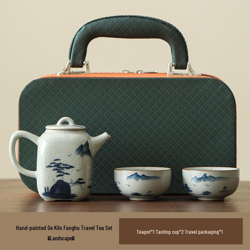 Hand-Painted Ge Kiln Ceramic Kung Fu Tea Set: Teapot & Two Cups Portable Set