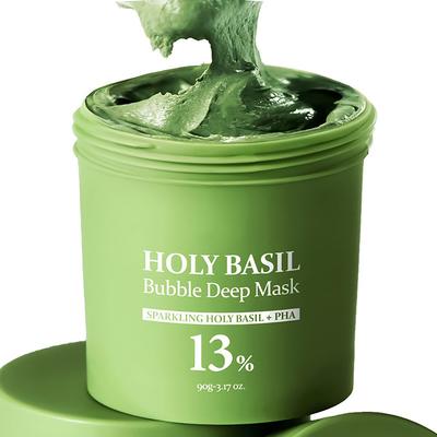 Šumivá hloubkově čistící maska ze Svaté bazalky, Čistič pórů na černé tečky & akné, Jemně rozjasňující & hydratační, Korejská formule