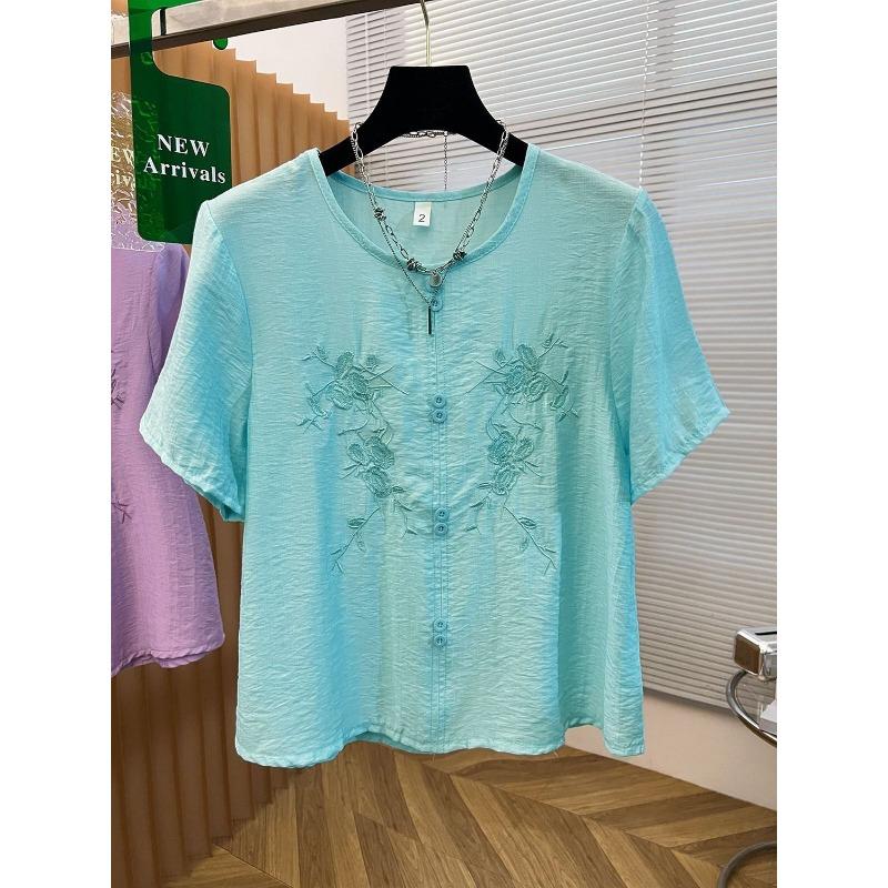 Womens Purple Floral Embroidered Blouse Casual Round Neck Half Button Short Sleeve Top