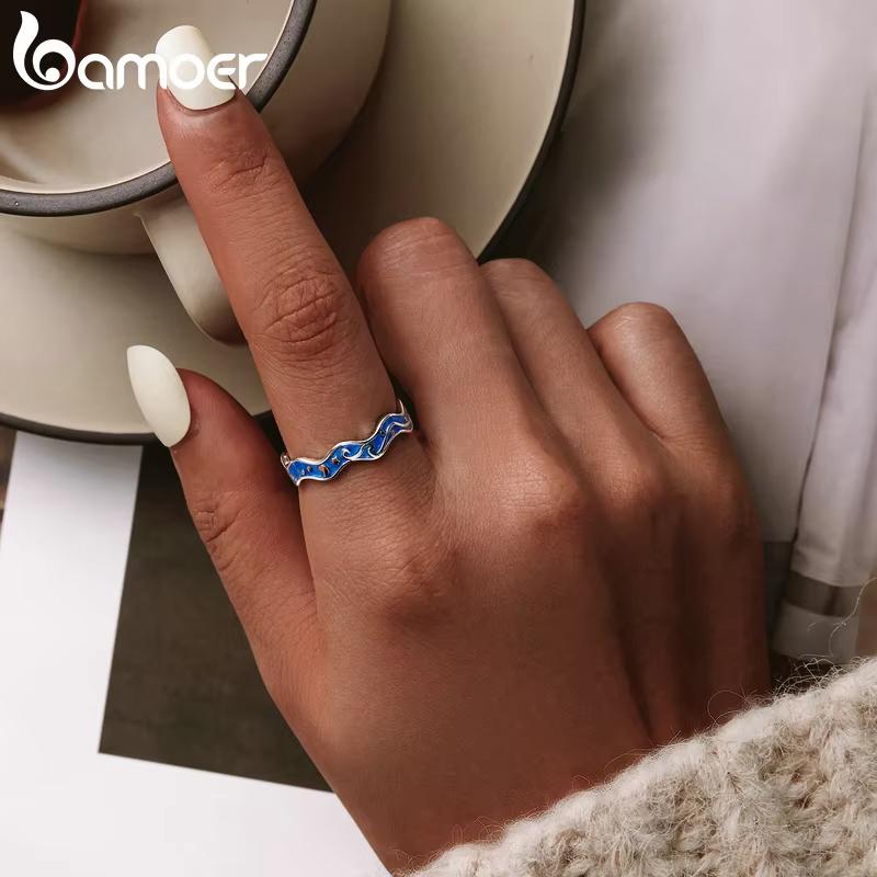 BAMOER Silver 925 Lover Rings for Couple Blue Starry Sky of Van Gogh Open Finger Ring Design Jewelry Accessories SCR608