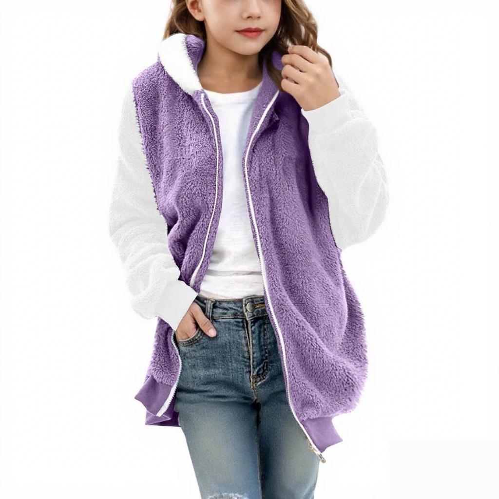 Fashionable Children's Solid Color Long-sleeved Hooded Pocket Plush Coat