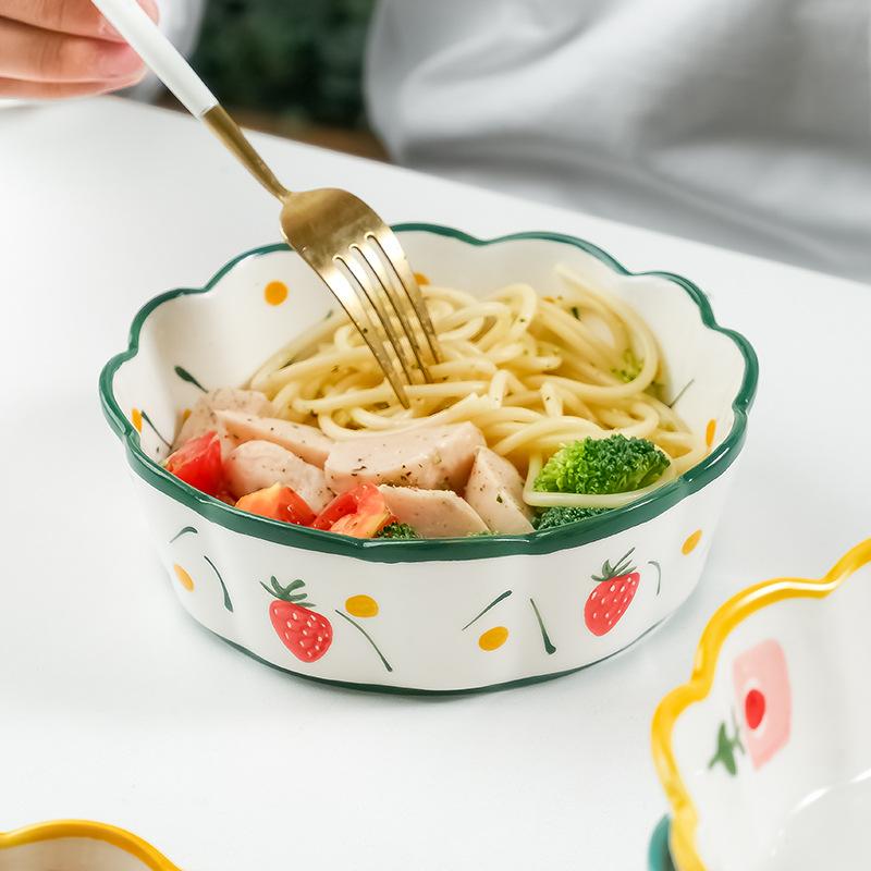 Ceramic Bowl Household Personality Cute Fruit Salad Bowl Microwave Oven Baked Rice Bowl Oats Breakfast Bowl Female Flower