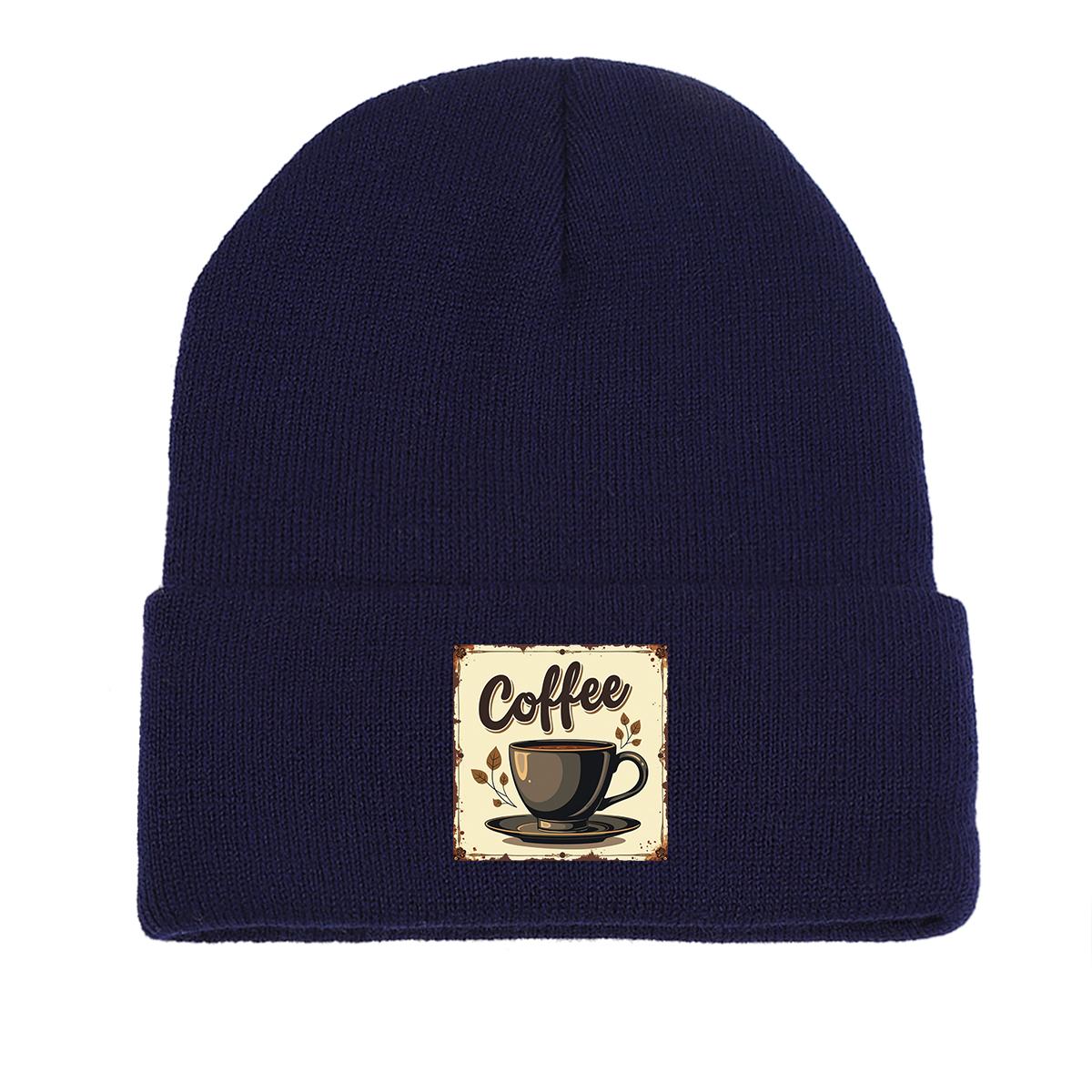 

COFFEE Series Print Knitted Cap Beanie, Slouchy Leisure Knit Hat Beanie as the picture темно-синий