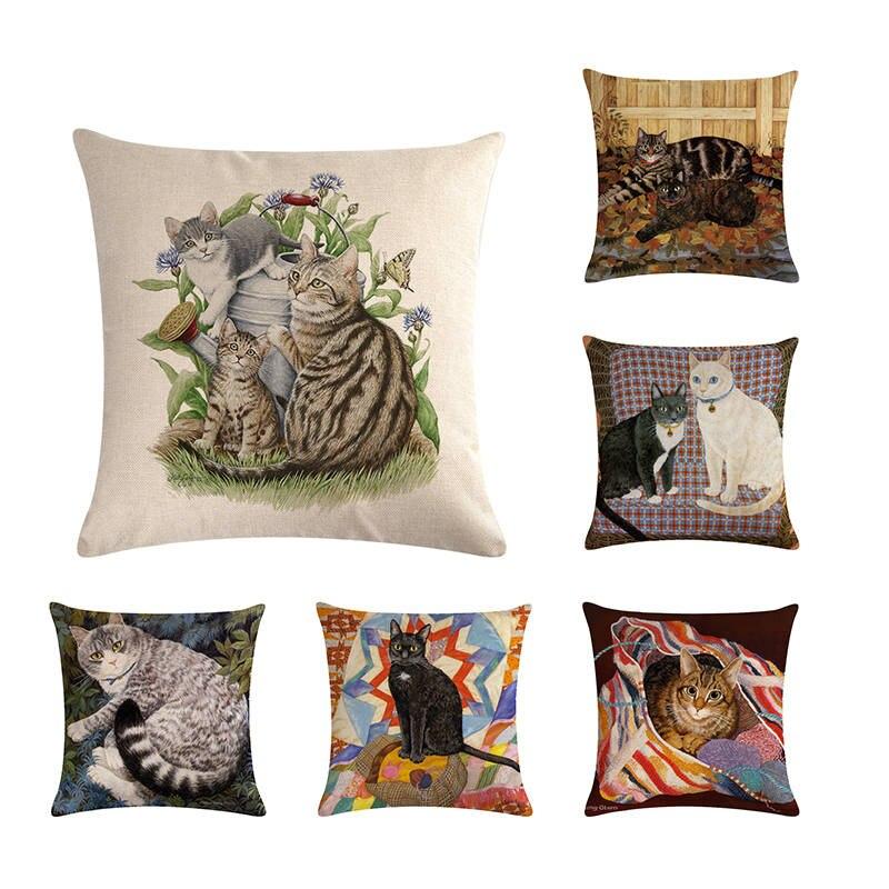 Oil Painting Cushion Covers Retro Cat Style Flower Pillow Cover 12