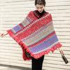 Vitange  Ethnic Pullover Sweater Coat Women Autumn Color Block Striped Loose Knit Sweater Fringed Hem Shawl Top