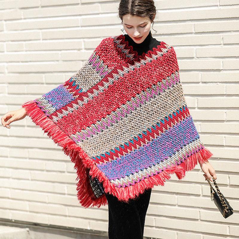 Vitange  Ethnic Pullover Sweater Coat Women Autumn Color Block Striped Loose Knit Sweater Fringed Hem Shawl Top