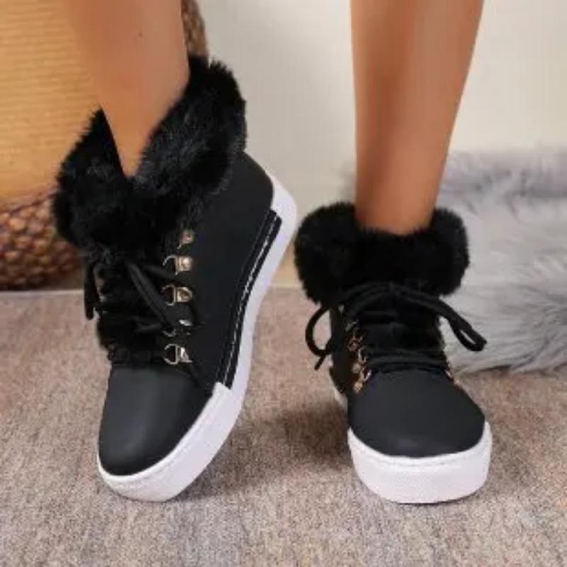 Women's Winter Warm Black Fluffy Boots Lace Up Soft Sole Platform Ankle Botas Mujer Non Slip Thick Plush Snow Boots Plus Size 43