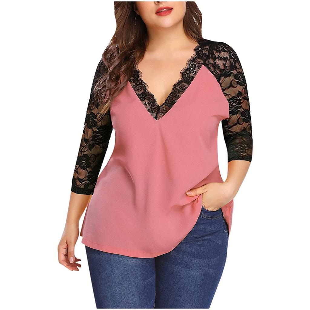 Women's Plus Size Lace Chiffon Shirt 3/4 Sleeve V Neck Top Loose Casual Tee T-Shirt Color Block Patchwork Blouse