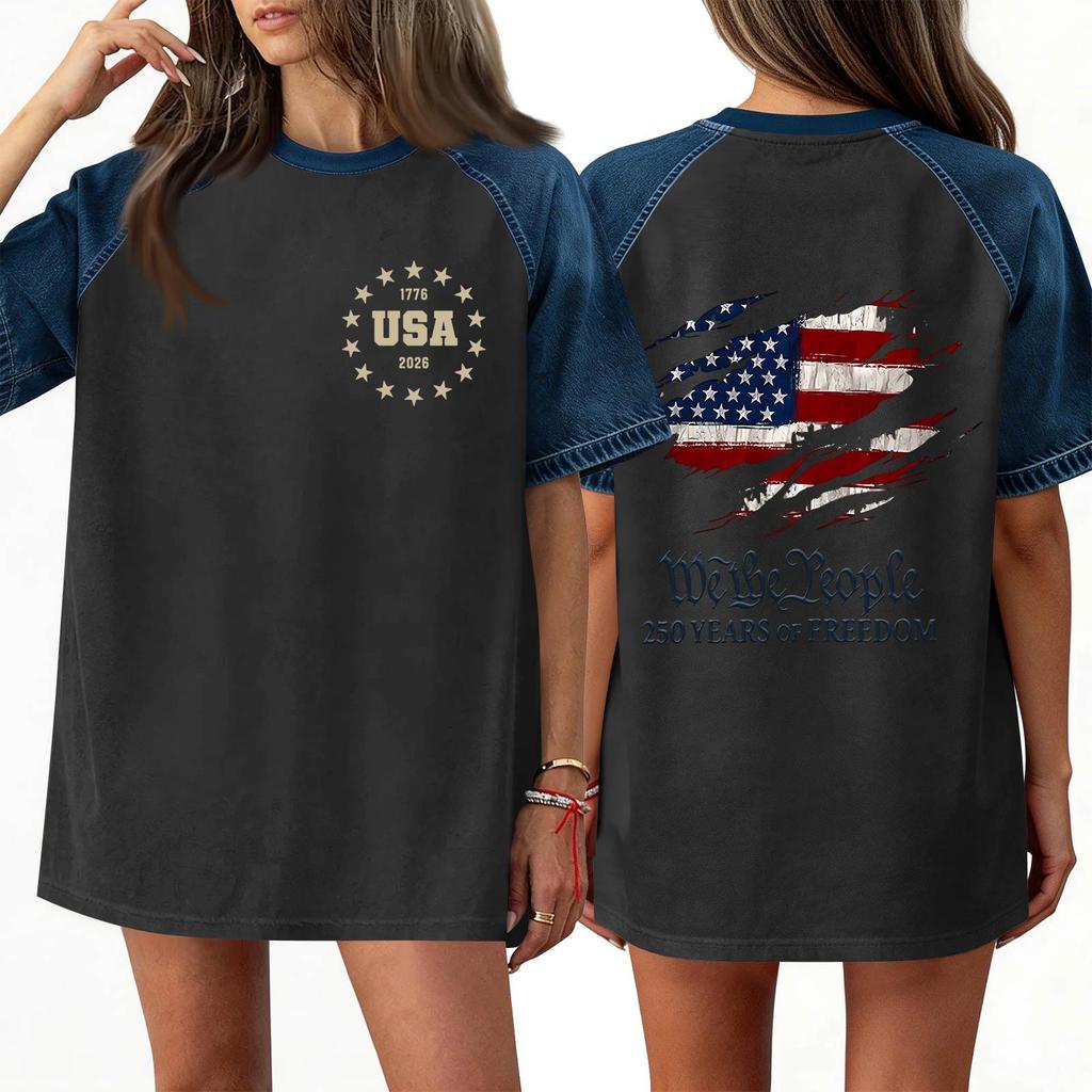 Denim Patchwork Shirts For Women Stand Collar Casual Blouse Short Sleeve Comfy Tshirt Spring Summer Fashion