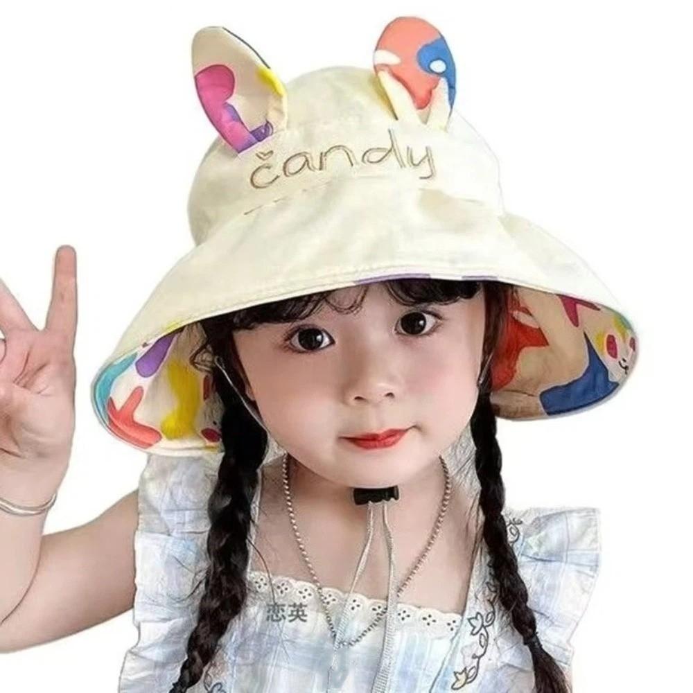 Cotton Children Rabbit Ears Sun Hat Adjustable Wide Brim Hat Kids Empty Top Sunscreen Hat  Running