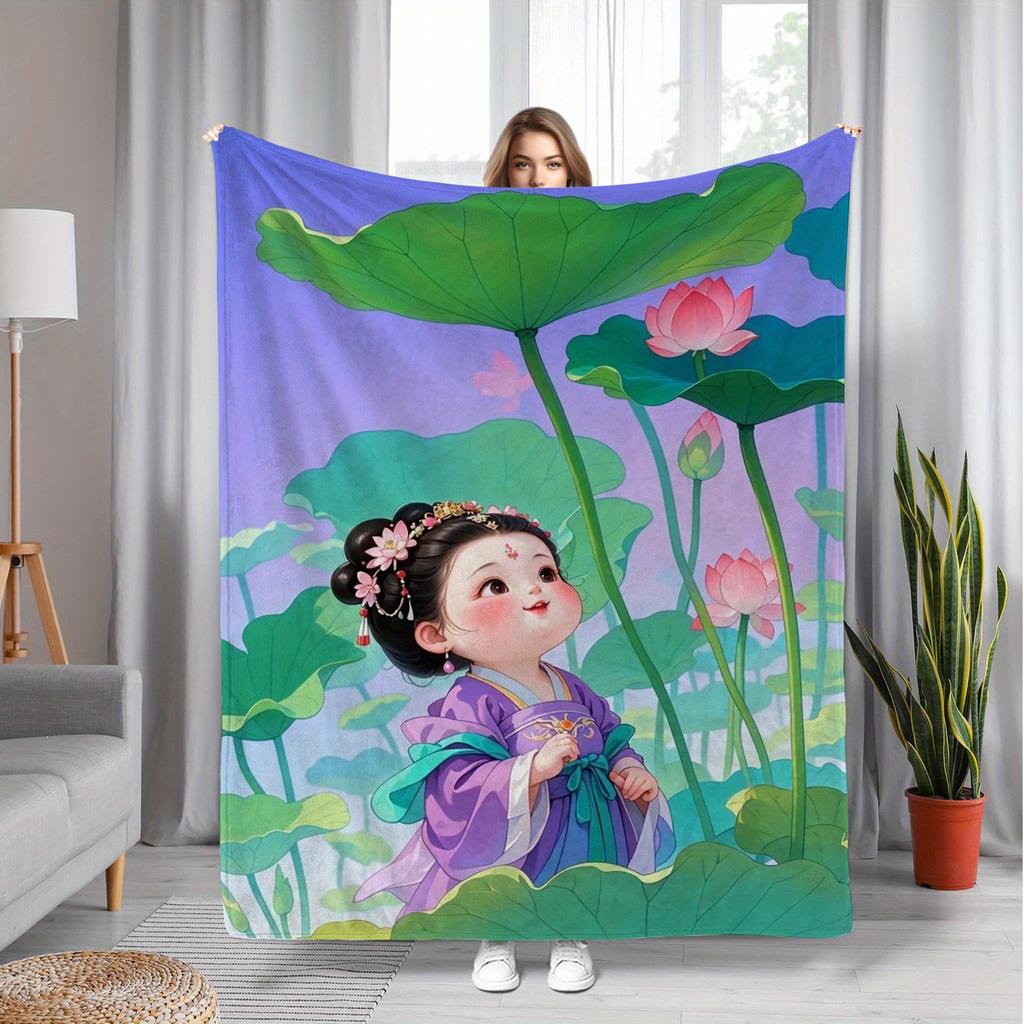 Traditional costume cute girl pattern Flannel printed blanket suitable for all seasons suitable for room office sofa and travel