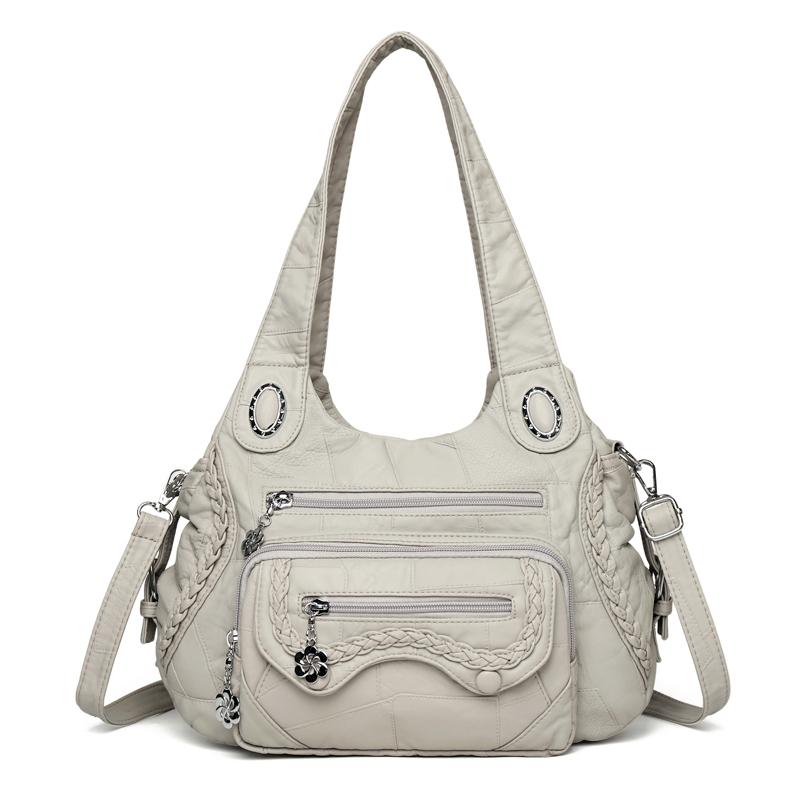 Women's Vintage Leather Shoulder Bag Multi-Zipper Pocket Crossbody Bag with Braided Detail Casual Handbag for  Use for Daily Life and Weekend Outings