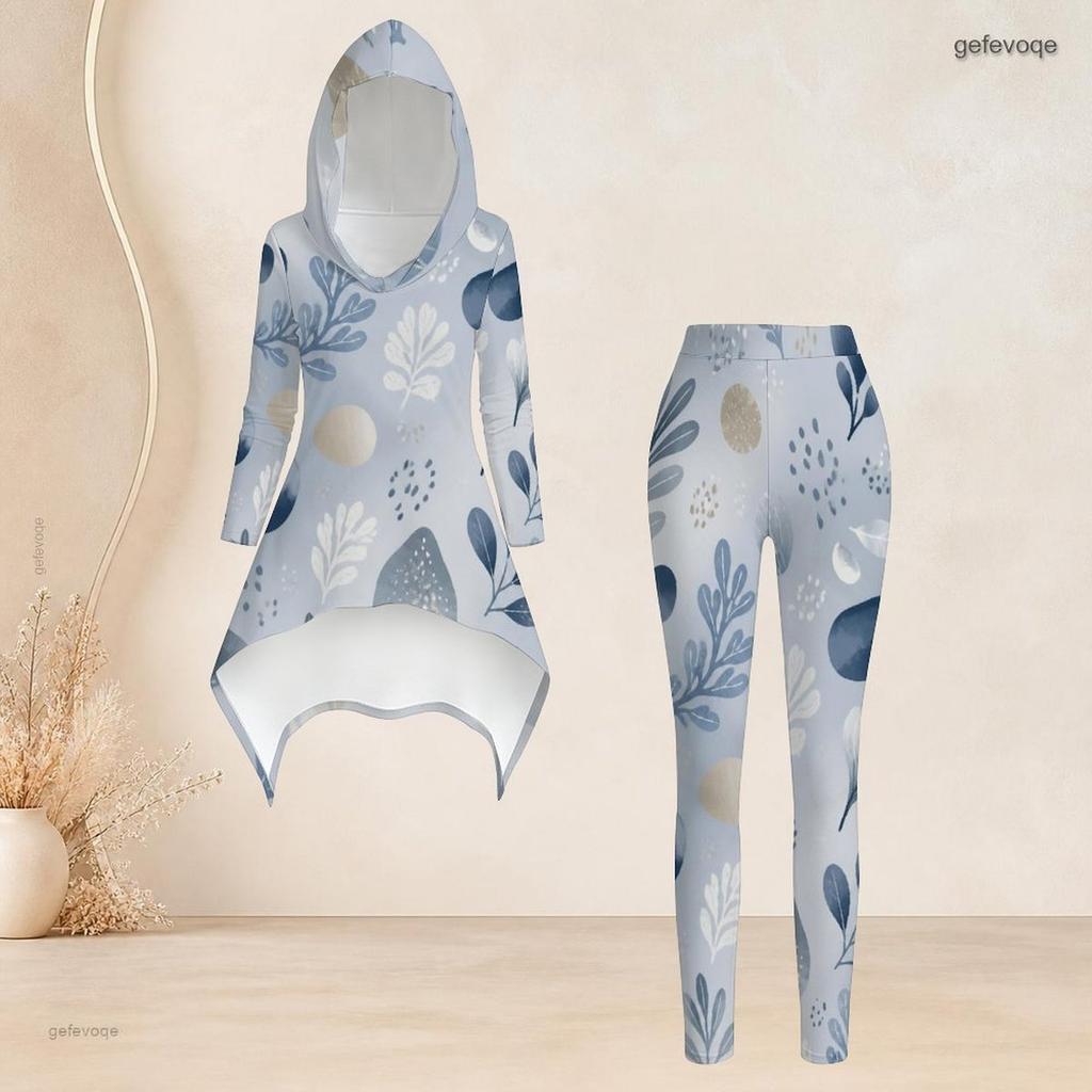 Women Plus Size Printed Hooded Long Sleeve High Low Top And Fitted Pants Two Piece Set