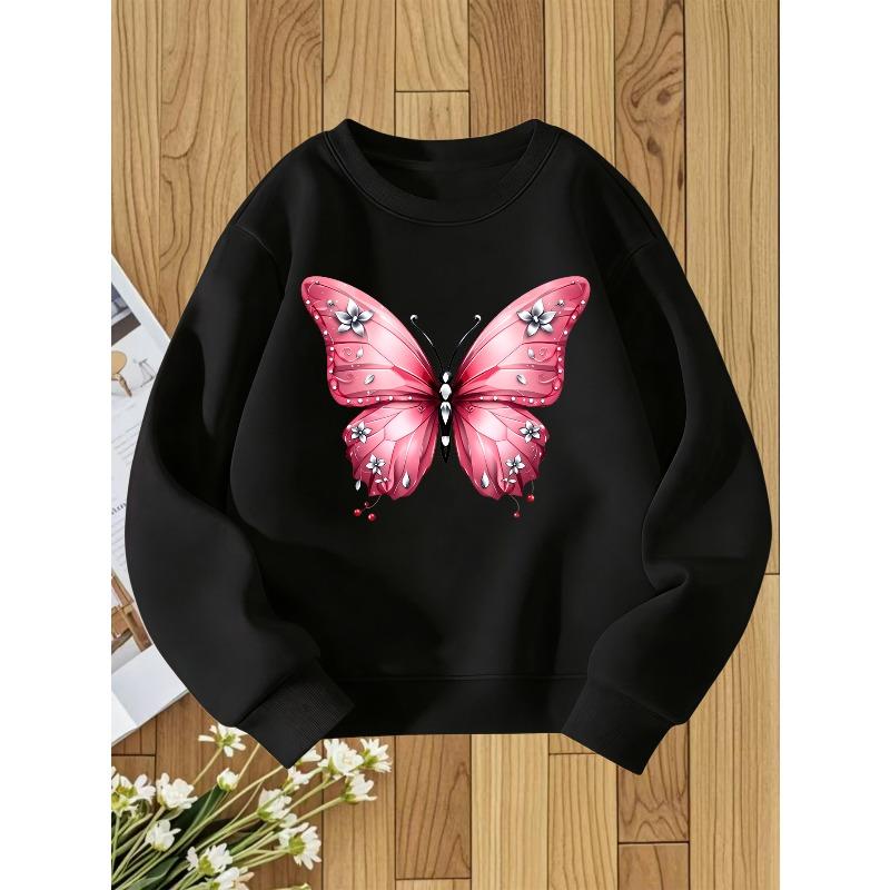 Kids Sweatshirt Pink Butterfly Print Sweatshirt for Girls with a Round Neck, Perfect for a Sweet And -Like Style In Autumn And Winter