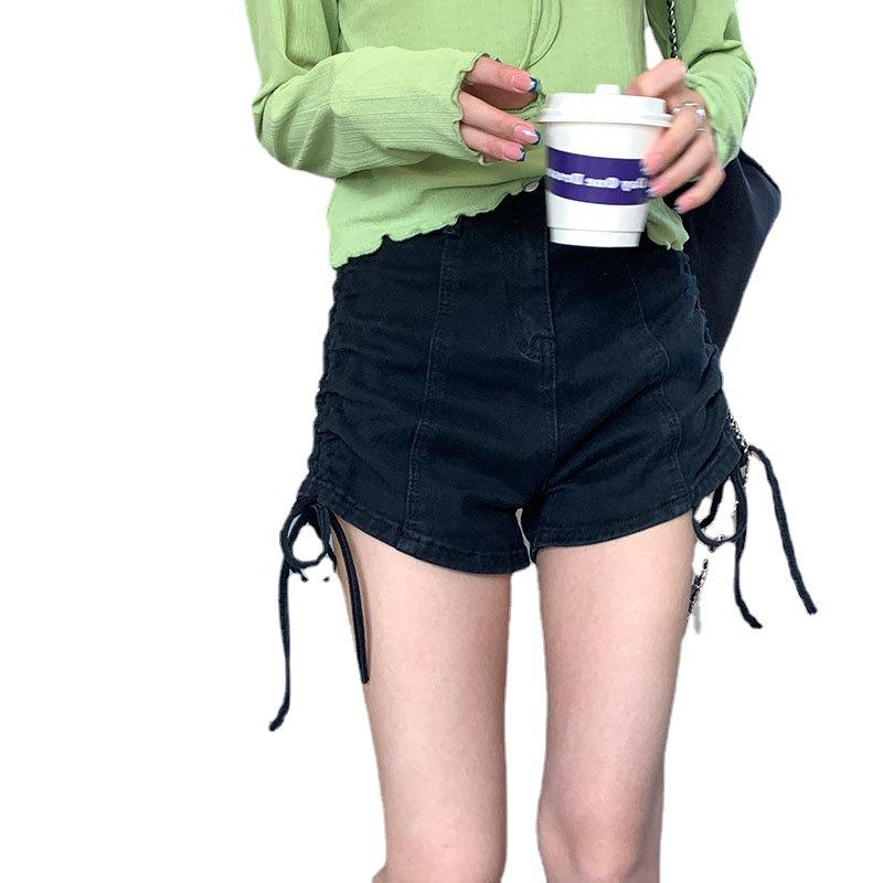 Skinny Moda ve Çok Yönlü Esnek Denim Şort Kadın Yüksek Belli Yüz Düz İnce Bağcıklı Pantolonlar Dar Günlük Şort Kadın