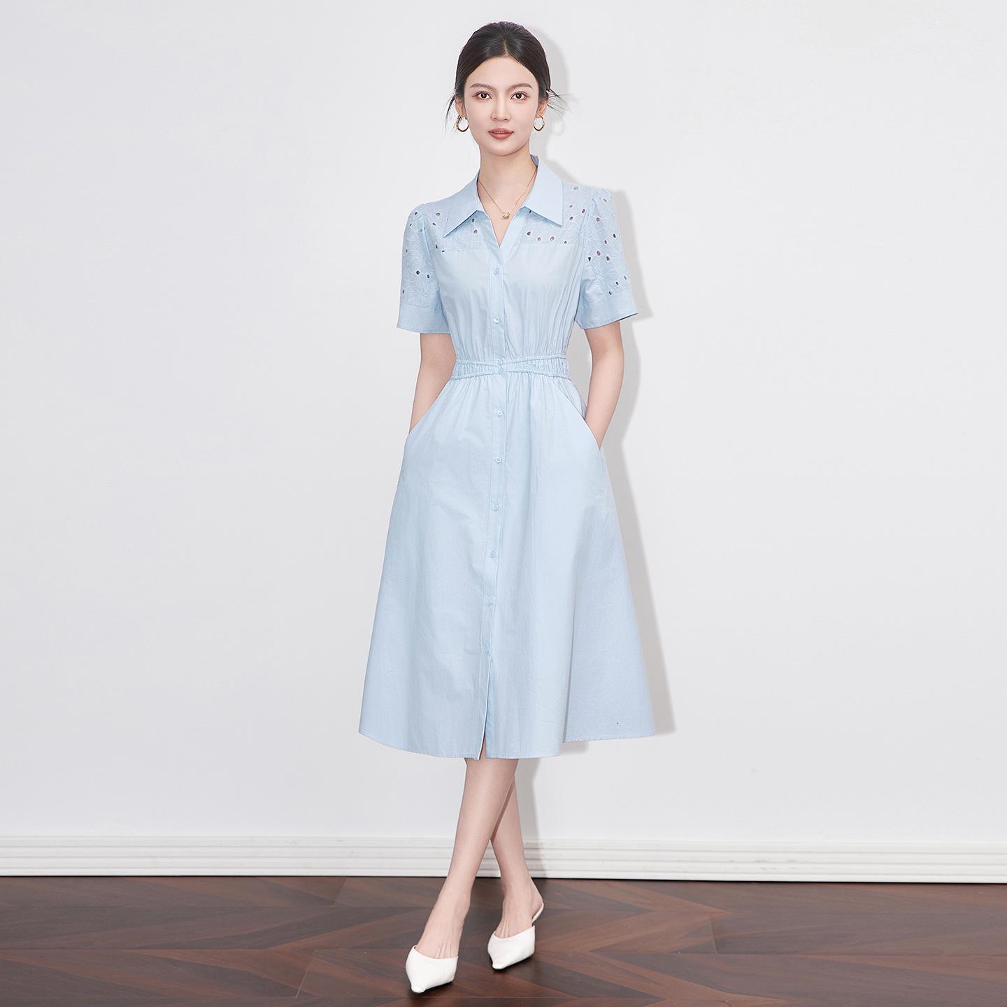 

High-Quality Elegant Women s Summer Dress: Waist-Cinching, Embroidered, Hollow-Out, Lapel Design, Long Dress by Nanyou Large