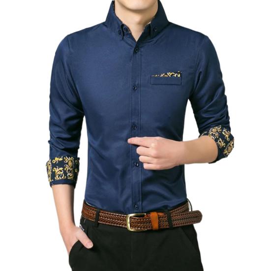

Весенне-осенняя мужская рубашка, однотонная лоскутная рубашка с длинным рукавом, приталенная деловая классическая рубашка с лацканами и принтом на манжетах и ​​пуговицах, пуховая рубашка, уличная одежда M темно-синий