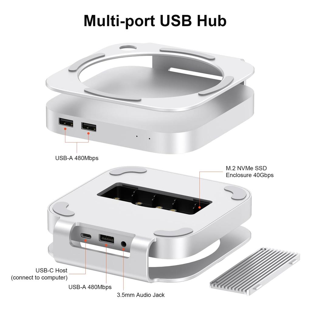 Qwiizlab 40Gbps Mac Mini Pro Stand Hub with USB4 NVMe SSD Enclosure Host 3 Audio PCIe Support Up To 8TB Thunderbolt Support M4/M4 USB-C USB-A 2.0