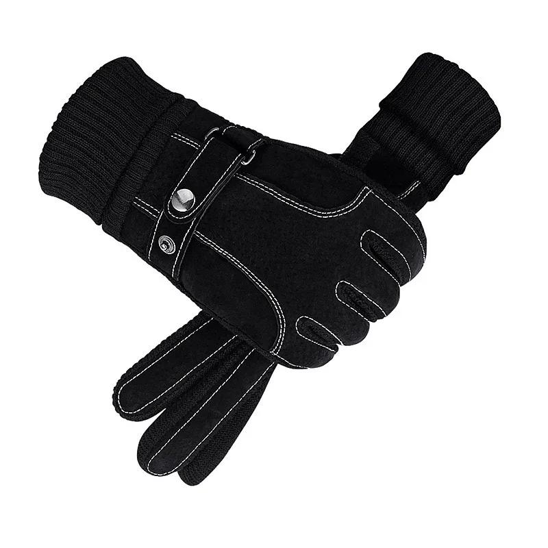Gloves Men's Winter Cycling Motorcycle Windproof Cold Insulation Warm Leather Touch Screen Anti-Slip Thick Pile Black Gloves