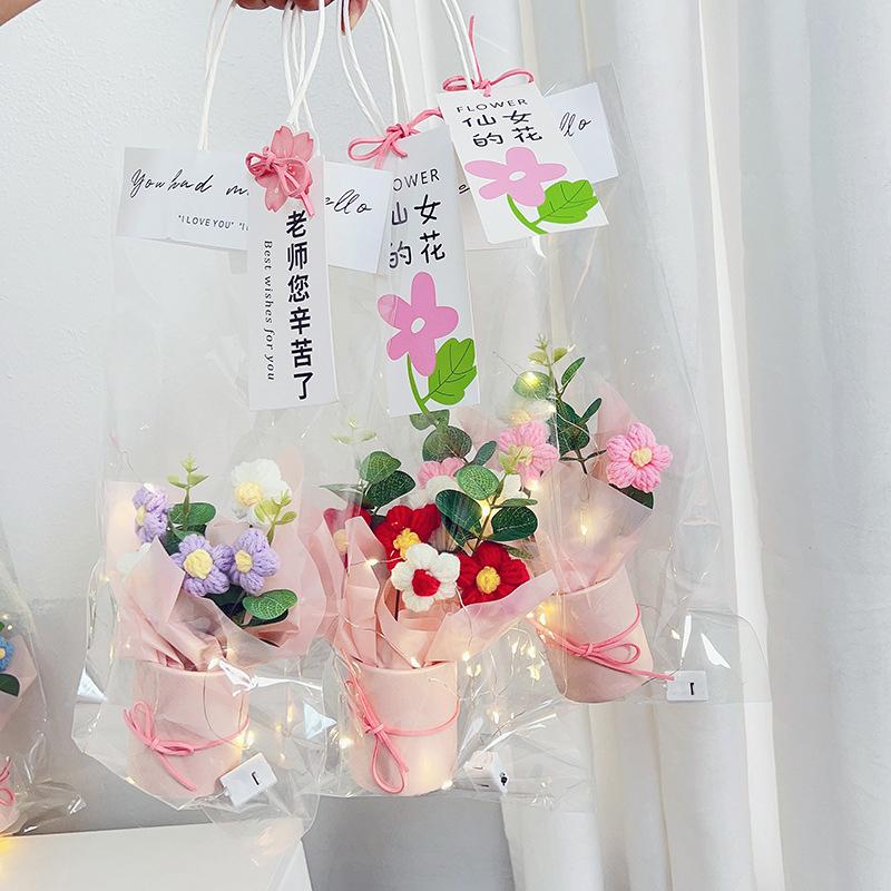 1 Set Hand Knitted Flower Handicraft Crochet Flower Bouquet With Led Light String Artificial Flowers Mother'S Day Gifts